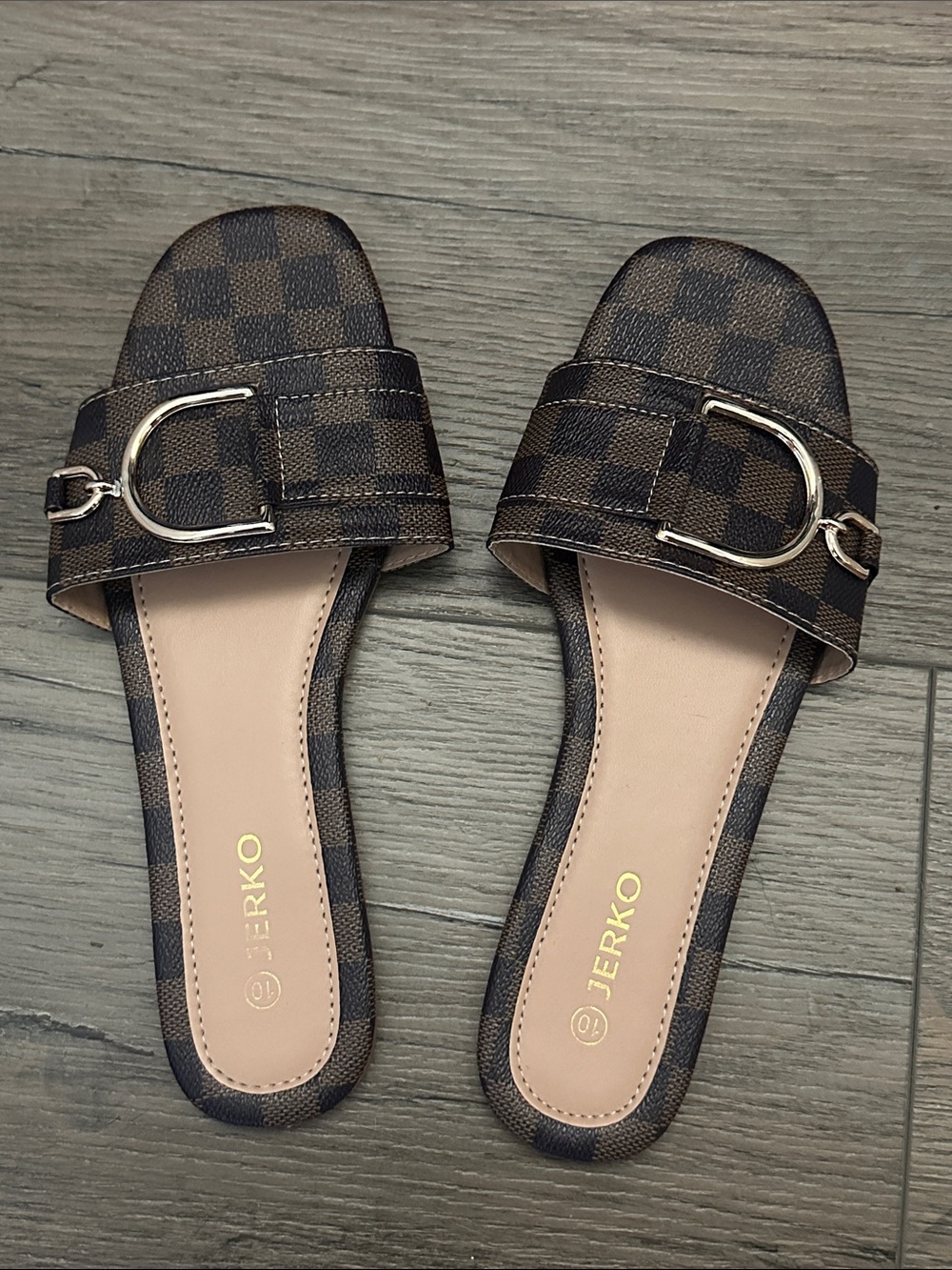 Brown Check Slide Sandals with Gold Buckle 10